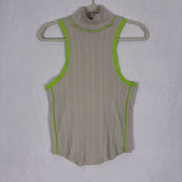 Free People We The Free Light Grey/ Neon Green Mock Neck Tank Top Size Small - Picture 1 of 9